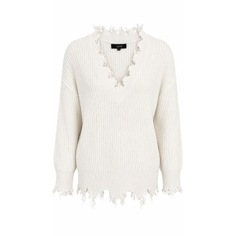 White Distressed Knit Sweater Pullover Long Sleeve Raw Edge Casual Womens S